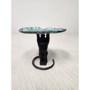 Vtg Bronze Finish Metal Monkey Business Card Holder Verdigris Lily Pad Tray BS3